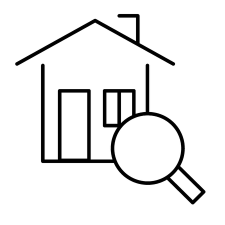 Home search thin line icon. House searching vector illustration isolated on white. Magnifying glass and house outline style design, designed for web and app.のイラスト素材