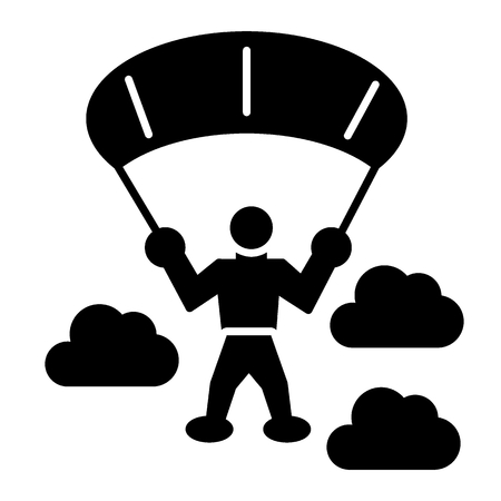 Parachute jumper solid icon. Parachutist and clouds vector illustration isolated on white. Parachuting glyph style design, designed for web and app. Eps 10のイラスト素材