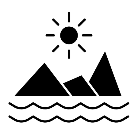 Mountains and the sea with sun solid icon. Nature vector illustration isolated on white. Mountain landscape glyph style design, designed for web and app. Eps 10.のイラスト素材