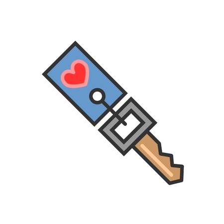 Key with a trinket in the shape of heart line icon isolated on white background. Key with a trinket in the shape of heart line icon for infographic, website or app. Blue icon designed on a grid system. eps 10のイラスト素材