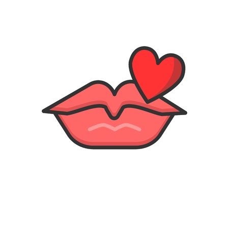 lips in a kiss of love. And red heart, isolated on white. Vector illustration.のイラスト素材