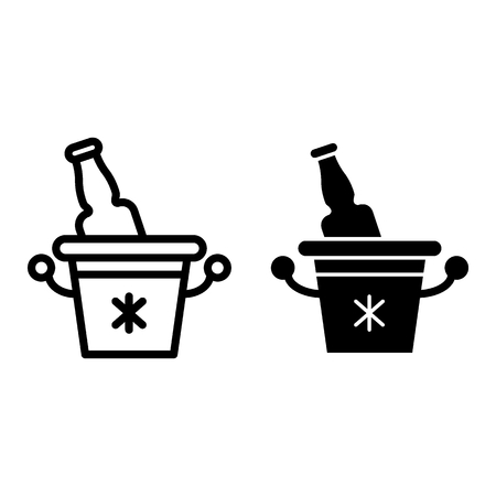 Bottle of beer in a metal bucket line and glyph icon. Flask of beer in ice vector illustration isolated on white. Cold glass bottle outline style design, designed for web and app.の写真素材