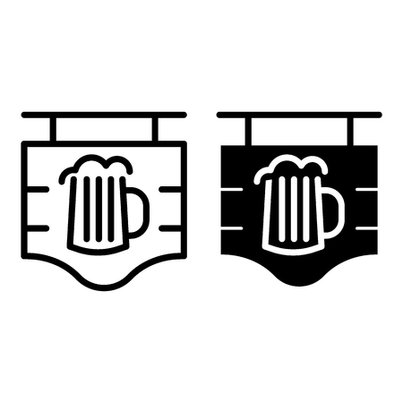 Street signboard of pub line and glyph icon. Wooden sign with beer mug vector illustration isolated on white. designed for web and app. Eps 10のイラスト素材