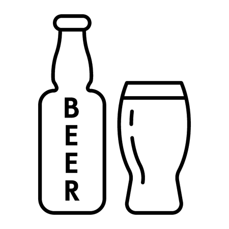 Beer bottle with inscription and glass thin line icon. Mug of beer and flask vector illustration isolated on white. Pint glass of craft beer with bottle outline style design, designed for web and app. Eps 10のイラスト素材
