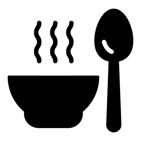 Bowl and spoon with steam solid icon. Deep plate and spoon vector illustration isolated on white. Hot dish glyph style design, designed for web and app.のイラスト素材