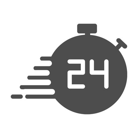 24 hours in stopwatch solid icon. Timer with 24 hours vector illustration isolated on white. All day clock glyph style design, designed for web and app. Eps 10のイラスト素材