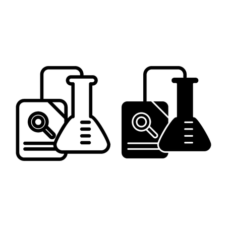 Research line and glyph icon. Chemical flask and document education vector illustration isolated on white. Lab flask and magnifying glass outline style design, designed for web and app. Eps 10のイラスト素材