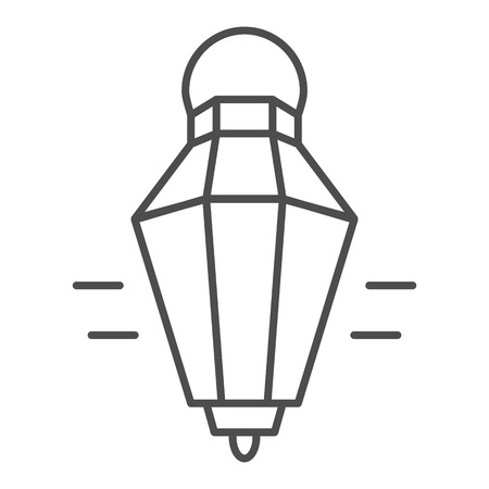 Hanging lantern thin line icon. Old lamp web vector illustration isolated on white. Antique lantern outline style design, designed for web and app. Eps 10のイラスト素材