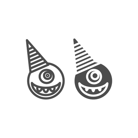 Round one eyed monster in party hat line and glyph icon. Halloween monster vector illustration isolated on white. Creature outline style design, designed for web and app. Eps 10のイラスト素材