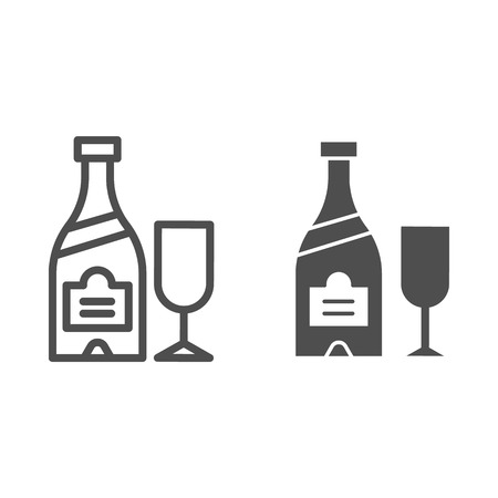 Champagne bottle and glass line and glyph icon. Alcohol vector illustration isolated on white. Drink outline style design, designed for web and app.の写真素材