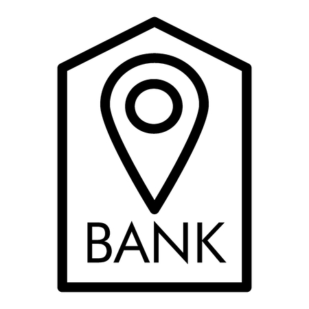 Location bank line icon. Bank buildind and pin vector illustration isolated on white. Bank navigation outline style design, designed for web and app.のイラスト素材