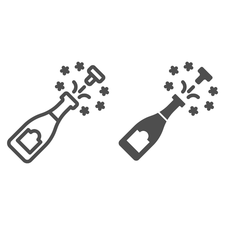 Champagne bottle open line and glyph icon. Alcohol vector illustration isolated on white. Champagne bottle explosion outline style design, designed for web and app. Eps 10のイラスト素材