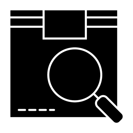 Cardboard box and magnifying glass solid icon. Package box and lens vector illustration isolated on white. Parcel search glyph style design, designed for web and appのイラスト素材