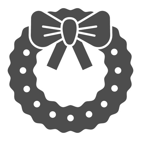 Lovely christmas wreath solid icon. Xmas wreath with bow vector illustration isolated on white. Holiday decoration glyph style design, designed for web and app. Eps 10のイラスト素材