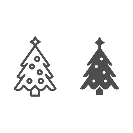 Christmas tree with a star line and glyph icon. Fir-tree vector illustration isolated on white. Decorated christmas tree outline style design, designed for web and app.の写真素材