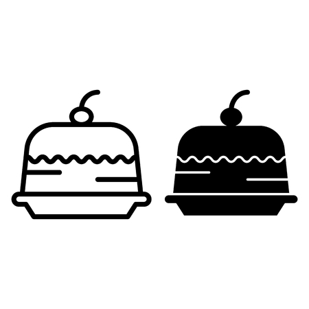 Cake with cherry line and glyph icon. Dessert vector illustration isolated on white. Sweet outline style design, designed for web and app.のイラスト素材