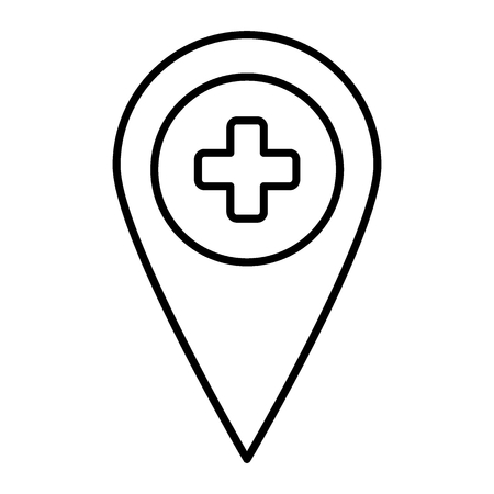 Location pin with cross thin line icon. Hospital location vector illustration isolated on white. Pin location with medical cross outline style design, designed for web and app. Eps 10のイラスト素材