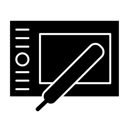 Graphic tablet with stylus solid icon. Digital drawing vector illustration isolated on white. Artist equipment glyph style design, designed for web and app.の写真素材