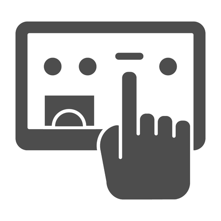 Tablet and selection hand solid icon. Hand with digital tablet vector illustration isolated on white. Touch screen glyph style design, designed for web and app. Eps 10のイラスト素材