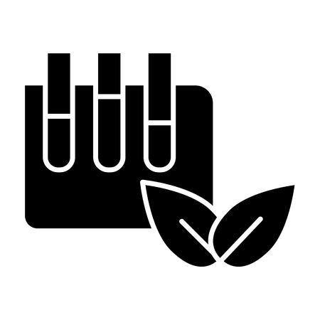 Lab tubes with eco sign solid icon. Laboratory flask with leaves vector illustration isolated on white. Test tube with eco symbol glyph style design, designed for web and appのイラスト素材