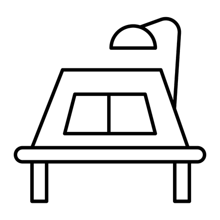 Desk with lamp and an open book thin line icon. Education desk vector illustration isolated on white. Table with book outline style design, designed for web and app. Eps 10のイラスト素材