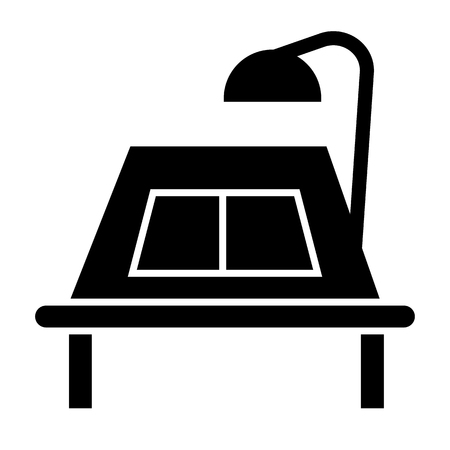 Desk with lamp and an open book solid icon. Education desk vector illustration isolated on white. Table with book glyph style design, designed for web and app. Eps 10のイラスト素材