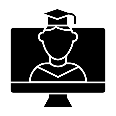 Online educationa solid icon. Student on monitor vector illustration isolated on white. E-learning glyph style design, designed for web and app.のイラスト素材