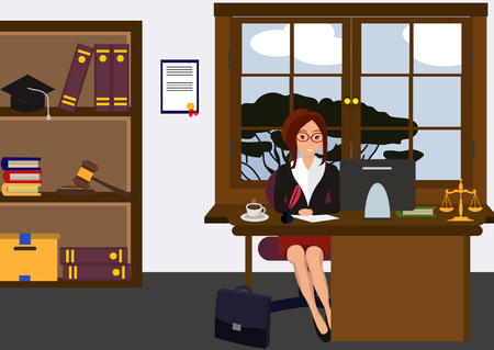 Woman lawyer at her work desk. Beautiful young girl sitting at the table, working with pc. Cartoon cute design. Businesswoman flat style. Colorful vector illustration