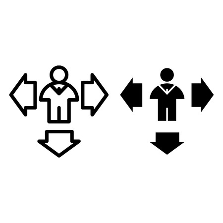 Man and arrows down line and glyph icon. Direction arrows and person vector illustration isolated on white. Human with side and down arrows outline style design, designed for web and app. Eps 10のイラスト素材