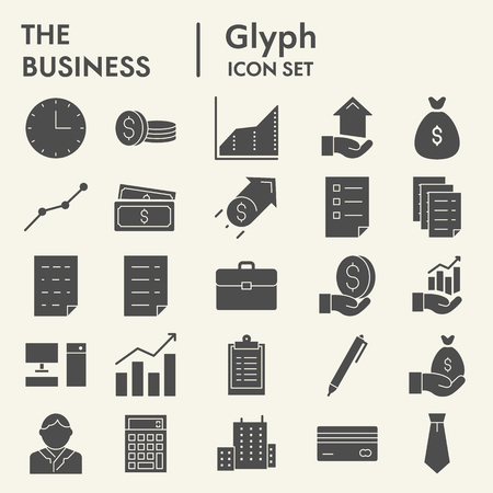 Business glyph icon set, office symbols collection, vector sketches, logo illustrations, managing signs solid pictograms package isolated on white backgroundのイラスト素材