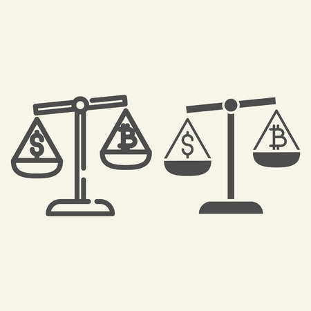 Balance of money and cryptocurrency line and glyph icon. Bitcoin and dollar on scales vector illustration isolated on white. Bitcoin and dollar on libra outline style design, designed for web and app. Eps 10のイラスト素材