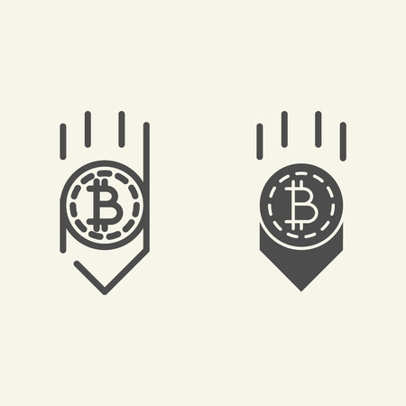 Bitcoin down arrow line and glyph icon. Fall bitcoin vector illustration isolated on white. Cryptocurrency decrease outline style design, designed for web and app. Eps 10のイラスト素材