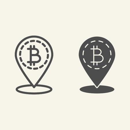 Bitcoin location line and glyph icon. Bitcoin and map pin vector illustration isolated on white. Cryptocurrency map pointer outline style design, designed for web and app.のイラスト素材