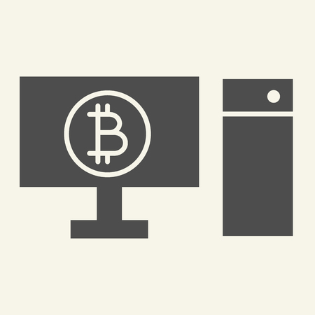 Computer and cryptocurrency solid icon. Bitcoin on pc vector illustration isolated on white. Digital money on computer glyph style design, designed for web and app. Eps 10のイラスト素材