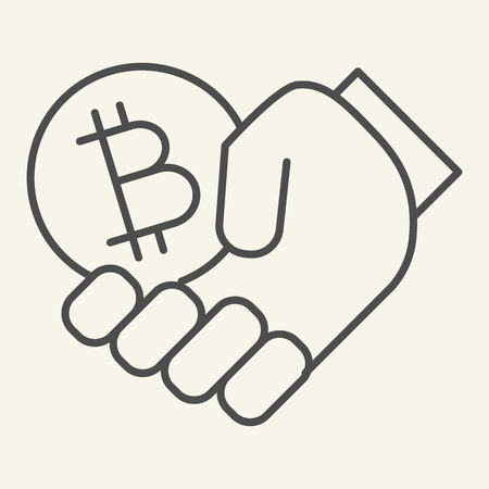 Cryptocurrency in hand thin line icon. Bitcoin and arm vector illustration isolated on white. Hand holding crypto money outline style design, designed for web and app. Eps 10のイラスト素材