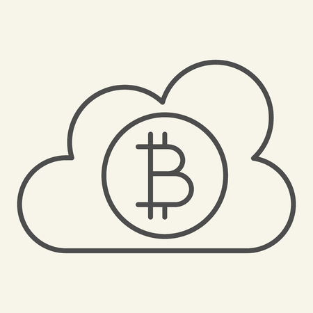 Cloud with bitcoin thin line icon. Crypto coin on cloud vector illustration isolated on white. Cryptocurrency mining service outline style design, designed for web and app. Eps 10のイラスト素材