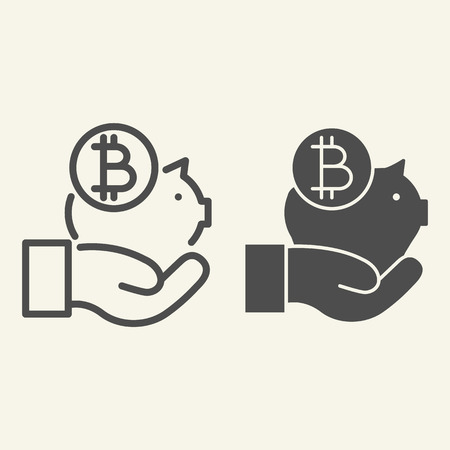 Hand holding bitcoin piggy bank line and glyph icon. Piggy with crypto coin vector illustration isolated on white. Cryptocurrency savings outline style design, designed for web and app. Eps 10のイラスト素材