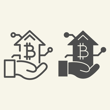 Bitcoin growth chart in hand line and glyph icon. Arm with cryptocurrency graph vector illustration isolated on white. Cryptocurrency increase outline style design, designed for web and app. Eps 10のイラスト素材