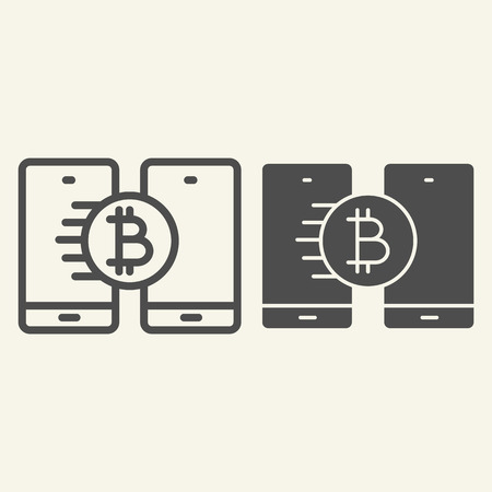 Bitcoin transfer line and glyph icon. Crypto coin and smartphones vector illustration isolated on white. Cryptocurrency on phone outline style design, designed for web and app. Eps 10のイラスト素材