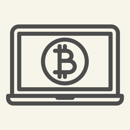 Opened laptop with bitcoin coin line icon. Crypto coin on notebook vector illustration isolated on white. Cryptocurrency outline style design, designed for web and app. Eps 10のイラスト素材