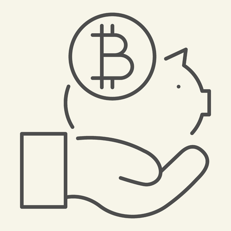 Hand holding bitcoin piggy bank thin line icon. Piggy with crypto coin vector illustration isolated on white. Cryptocurrency savings outline style design, designed for web and app. Eps 10のイラスト素材