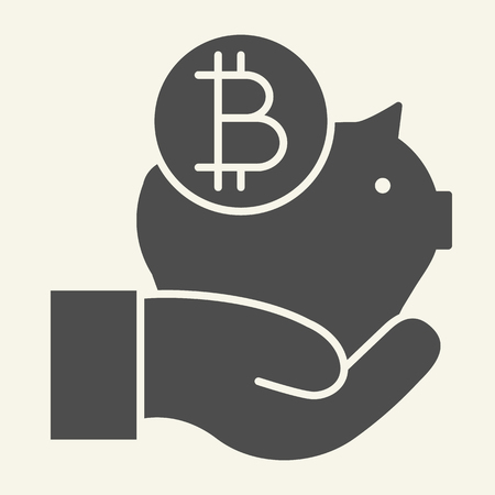 Hand holding bitcoin piggy bank solid icon. Piggy with crypto coin vector illustration isolated on white. Cryptocurrency savings glyph style design, designed for web and app. Eps 10のイラスト素材