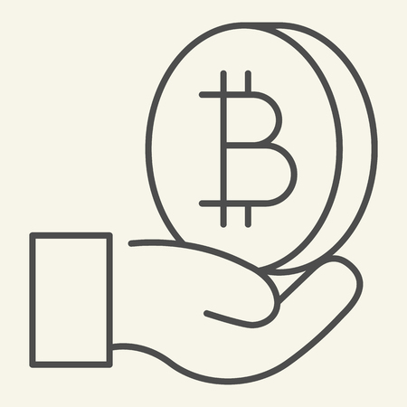 Open hand with bitcoin thin line icon. Palm with cryptocurrency vector illustration isolated on white. Crypto coin in arm outline style design, designed for web and app. Eps 10のイラスト素材