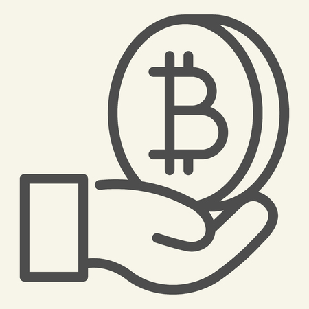 Open hand with bitcoin line icon. Palm with cryptocurrency vector illustration isolated on white. Crypto coin in arm outline style design, designed for web and app. Eps 10のイラスト素材