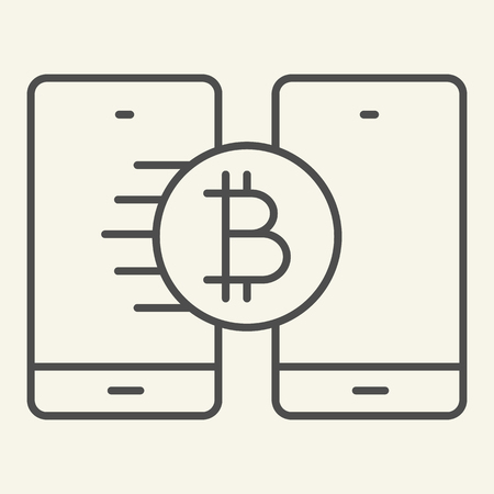 Bitcoin transfer thin line icon. Crypto coin and smartphones vector illustration isolated on white. Cryptocurrency on phone outline style design, designed for web and app. Eps 10のイラスト素材