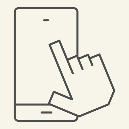 Smartphone with pointing hand thin line icon. Touch screen vector illustration isolated on white. Click on mobile screen outline style design, designed for web and app. Eps 10のイラスト素材