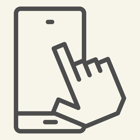 Smartphone with pointing hand line icon. Touch screen vector illustration isolated on white. Click on mobile screen outline style design, designed for web and app. Eps 10のイラスト素材