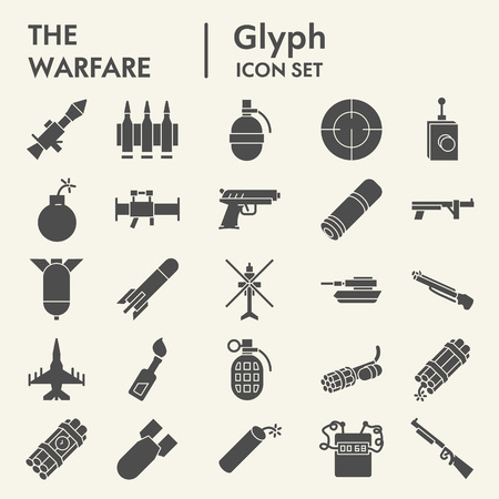 Warfare glyph icon set, weapon symbols collection, vector sketches, logo illustrations, arms signs solid pictograms package isolated on white backgroundのイラスト素材