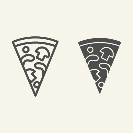 Slice of pizza with mushrooms line and glyph icon. Fast food vector illustration isolated on white. Italian food outline style design, designed for web and app. Eps 10.のイラスト素材