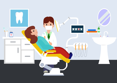 Dental clinic with doctor and patient. Dental clinic. Woman visiting the dentist with toothache. Healthcare and oral hygiene. Isolated flat vector illustrationのイラスト素材